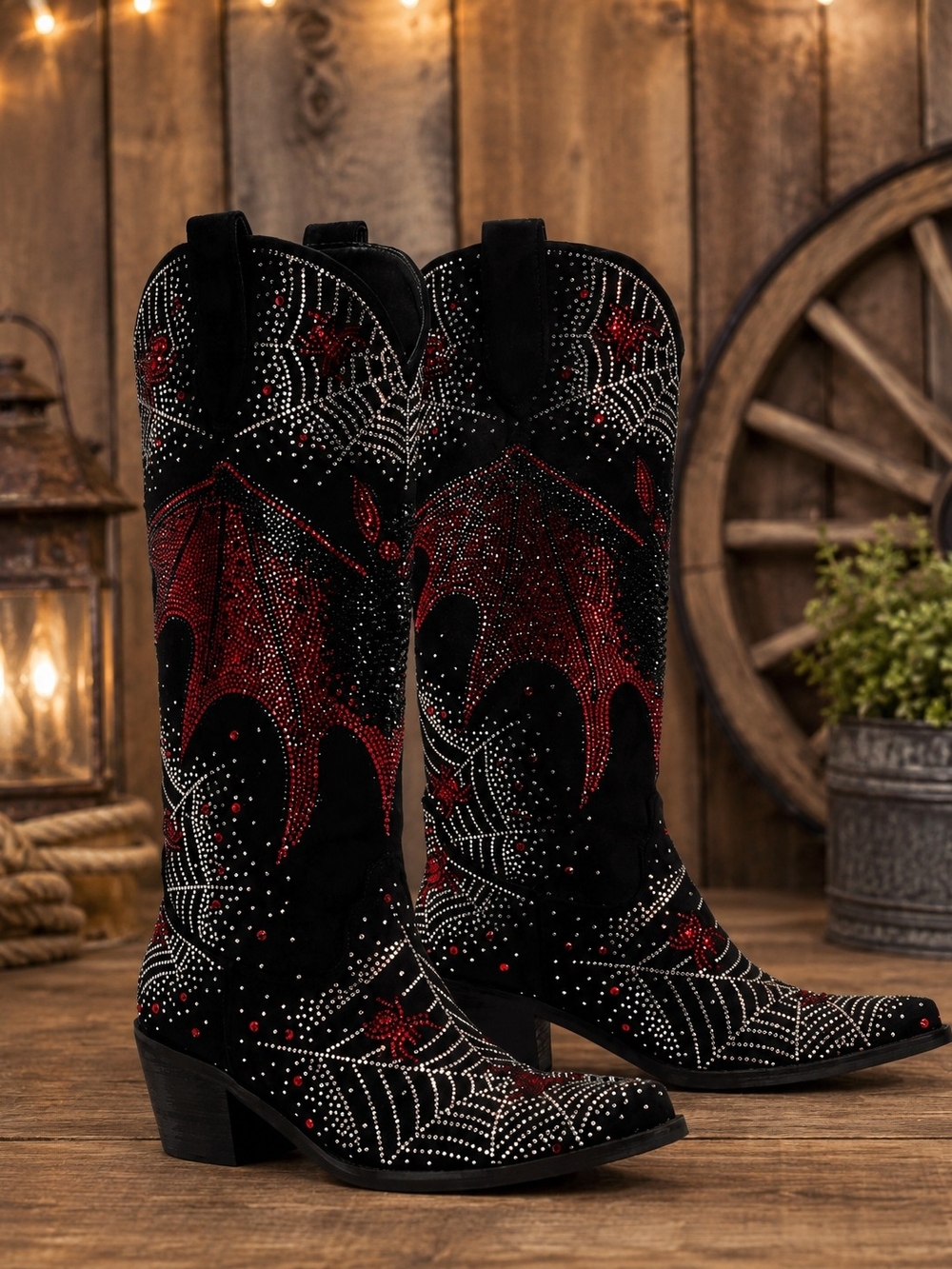 Black & Red Rhinestone Bat-Embellished Western Boots.